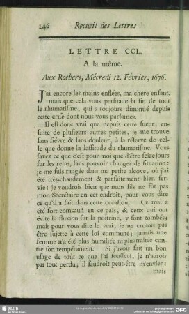 Lettre CCL. A la même. Aux Rochers 12. Février, 1676