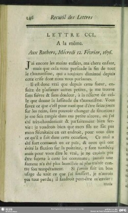 Lettre CCL. A la même. Aux Rochers 12. Février, 1676