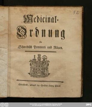 Medicinal-Ordnung für Schwedisch Pommern und Rügen
