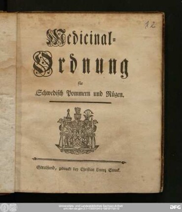 Medicinal-Ordnung für Schwedisch Pommern und Rügen