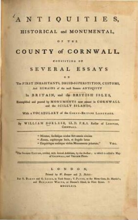 Antiquities, historical and monumental, of the County of Cornwall