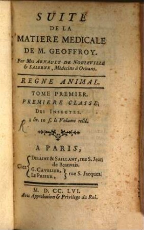 Suite De La Matiere Medicale De M. Geoffroy, Tome Premier. Regne Animal