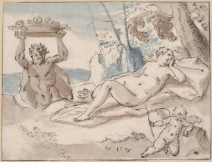 Satyr mit Fruchtkorb, eine schlafende Nymphe beschleichend