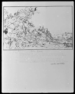 Bewaldeter Berghang mit Kastell, rechts Ausblick in weite Landschaft
