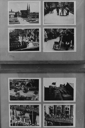 Ausstellungstafeln mit Szenen aus einem Dokumentarfilm über den Zwinger (1930er Jahre, oben) und dem Dokumentarfilm "Parade der faschistischen Wehrmacht" (1940). Dresden, Galerie Nord. Ausstellung "Borchert, Christian, Dresden - Bilder aus Dokumentarfilmen 1913–1949"