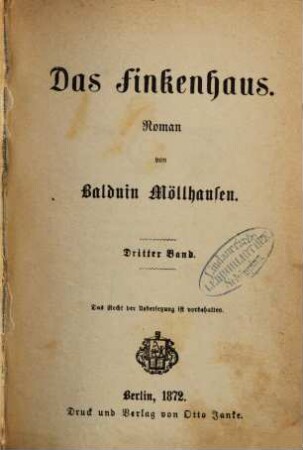 Das Finkenhaus : Roman, 3. Band