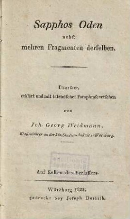 Sapphos Oden nebst mehren Fragmenten derselben