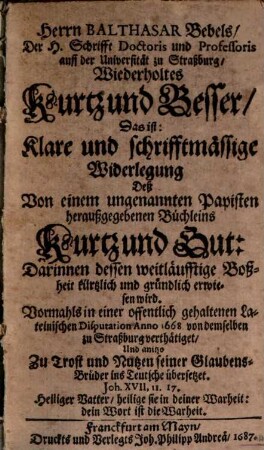 Balthasaris Bebelii, der heil. Schrifft Doctoris ..., Bericht von der Meß