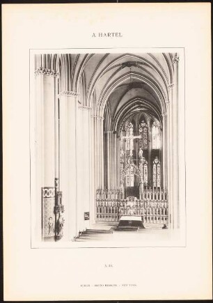 Elisabethkirche, Marburg: Innenansicht, Blick vom Langhaus zum Ostchor (aus: Architekton. Details u. Ornamente der kirchlichen Baukunst in den Stilarten d. Mittelalters, 1. Serie, 1896)