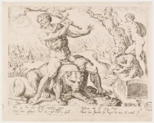Levi, sitting astride a bear and brandishing a flaming sword