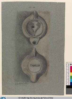 Öllampe mit zwei Füllhörnern, Oberseite und Unterseite mit Inschrift THALIA, hss. No. 30
