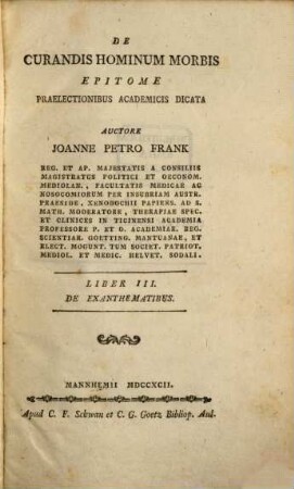 De Curandis Hominum Morbis Epitome Praelectionibus Academicis Dicata, Liber III. De Exanthematibus