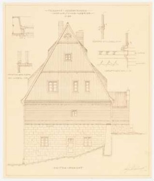 Friedhof Heerstraße, Berlin Verwaltungsgebäude: Aufriss: Ansicht von der Seite (Nordost) 1:50: Details 1:10: Schnitte durch Fenster, Hauptgesims, Giebelgesims