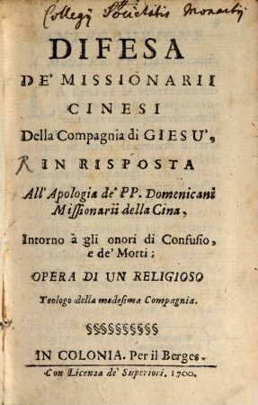 Difesa de'Missionarii cinesi della Compagnia di Giesu
