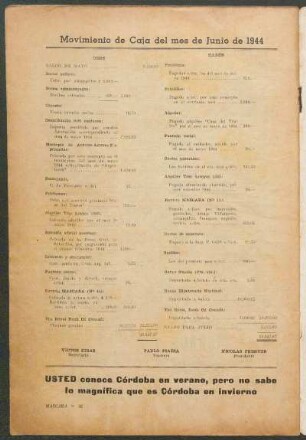 Movimiento de Caja del mes de Junio de 1944