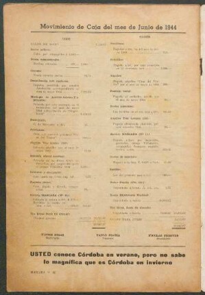 Movimiento de Caja del mes de Junio de 1944