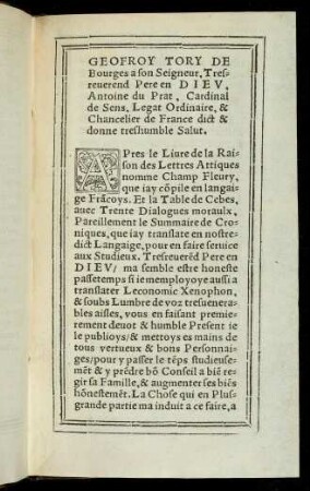 Widmung Geoffroy Tory an Antoine du Prat