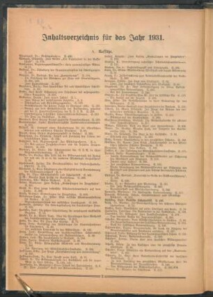 Inhaltsverzeichnis für das Jahr 1931