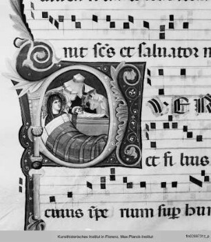 Chorbuch : Buchseite mit vierzeiligen Neumen, Text und historisierter Initiale P mit Geburt Jesu