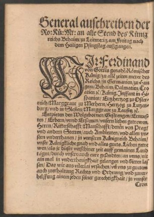 General auschreiben der Ro: Kü: Mt: an alle Stend des Künigreichs Behaim ...