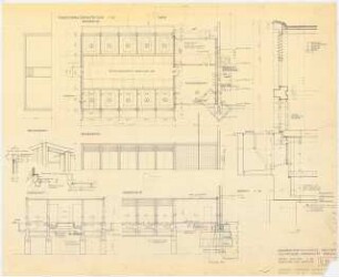 Nachrichtentechnische Institute der Technischen Universität Berlin Transformatorenstation: Grundriss 1:50, Westansicht 1:50, Südansicht 1:50, Querschnitt 1:50, Längsschnitt 1:50, Schnitt 1:10, 4 Skizzen