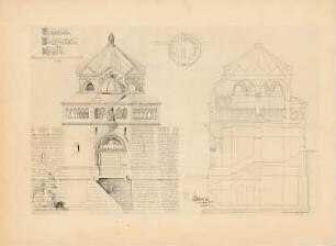 Romanische Burgvorhalle mit Kapelle: Ansicht, Schnitt 1:33,3, Grundriss 1:100 (aus: Drucke von Seminararbeiten der Königlich Technischen Hochschule Berlin, Bd. III)