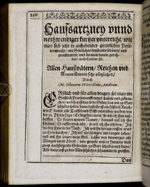 Hausartzney unnd nothwendiger kurtzer unterricht [...]