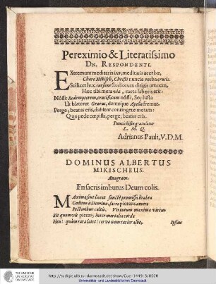 Pereximio & Literatissimo Dn. Respondenti