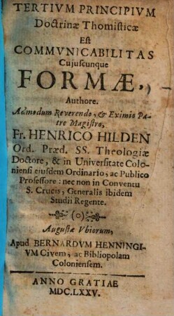 Tertivm Principivm Doctrinae Thomisticae Est Commvnicabilitas Cujuscunque Formae