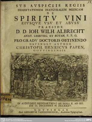 Sub Auspiciis Regiis Dissertationem Inauguralem Medicam De Spiritu Vini Eiusque Usu Et Abusu