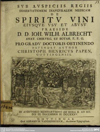 Sub Auspiciis Regiis Dissertationem Inauguralem Medicam De Spiritu Vini Eiusque Usu Et Abusu
