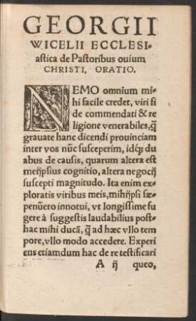 Georgii Wicelii Ecclesiastica de Pastoribus ovium Christi, Oratio.