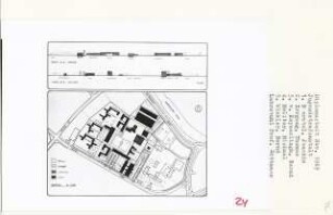 Jugendstrafanstalt, Berlin-Charlottenburg (Diplomarbeit bei Werner Düttmann): Lageplan 1:1000 und Schnitte 1:500