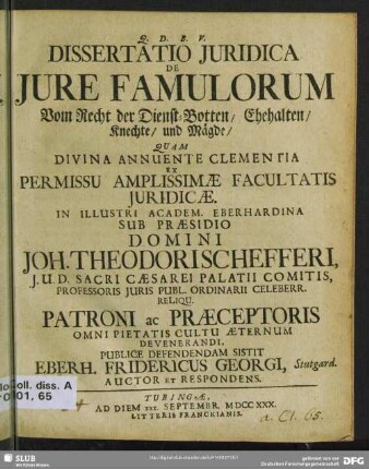 Dissertatio Juridica De Jure Famulorum Vom Recht der Dienst-Botten, Ehehalten, Knechte und Mägde
