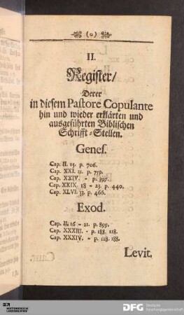 II. Register/ Derer in diesem Pastore Copulante hin und wieder erklärten und ausgeführten Biblischen Schrifft-Stellen.