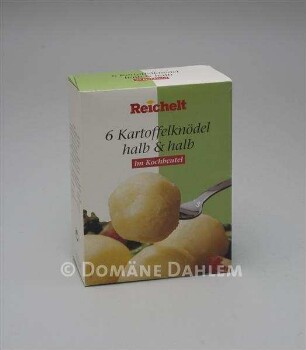 Verpackung der "Reichelt" Eigenmarke - "6 Kartoffelknödel halb & halb im Kochbeutel"