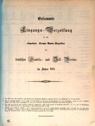 Gesammte Eingangsverzollung in den einzelnen Hauptamtsbezirken des Deutschen Handels- und Zollvereins. 1851