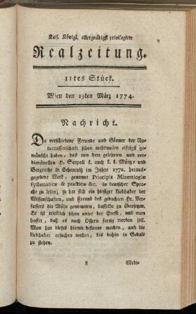 11tes Stück. Wien den 19ten März 1774.