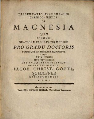 Dissertatio Inauguralis Chemico-Medica De Magnesia