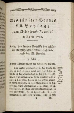 Des fünften Bandes VIII. Beylage zum Religions-Journal im April 1785
