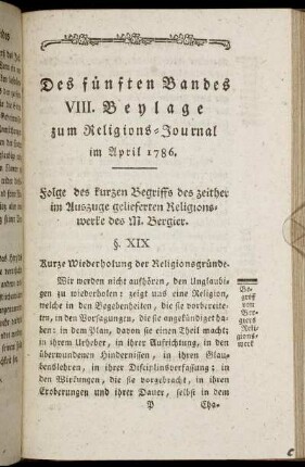Des fünften Bandes VIII. Beylage zum Religions-Journal im April 1785