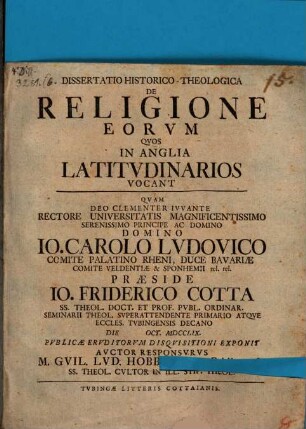 Dissertatio Historico-Theologica De Religione Eorvm Qvos In Anglia Latitvdinarios Vocant
