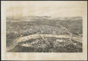 Dresden vom Ballon gesehen, Lithographie, 1852 : Eltzner, Adolf: Dresden vom Ballon gesehen. H. Walter lith. d´après Eltzner. Dresden: Arnold (1852). 60 x 36 cm (Lithogr., zweifarb.)