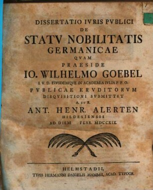 Dissertatio Ivris Pvblici De Statv Nobilitatis Germanicae