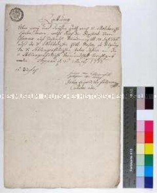 Notarielle Quittung über Berechtigung und Auszahlung einer Geldsumme an den Vormund zur Tilgung der Helena von Schlangenfeldschen status passivi