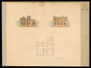 Archiv Monatskonkurrenz Juni 1839: Grundriss Erdgeschoss, Aufriss Hauptansicht, Seitenansicht; Maßstabsleiste