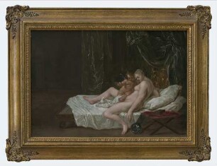 Gemälde: Venus und Amor auf dem Ruhebett vor einer Vorhangdraperie