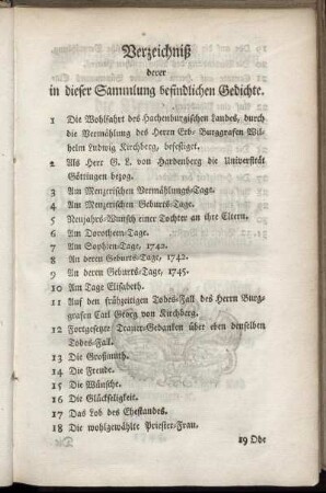 Verzeichniß derer in dieser Sammlung befindlichen Gedichte.