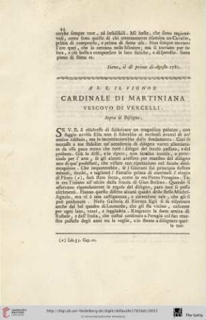 A S. E. il Signor Cardinale di Martiniana Vescovo di Vercelli