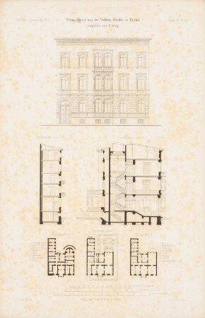 Wohngebäude Viktoriastraße, Berlin: Grundriss Keller, Parterre, 1.OG, Ansicht, Schnitt CD, Schnitt AB (aus: Atlas zur Zeitschrift für Bauwesen, hrsg. v. G. Erbkam, Jg. 9, 1859)